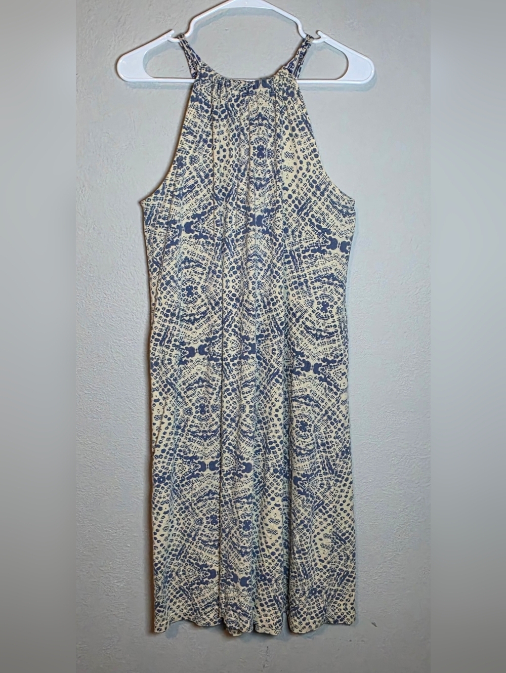 ​Sundance Blue White Ikat Halter Dress M Boho Geometric Sleeveless Cotton Silk - Picture 2 of 6